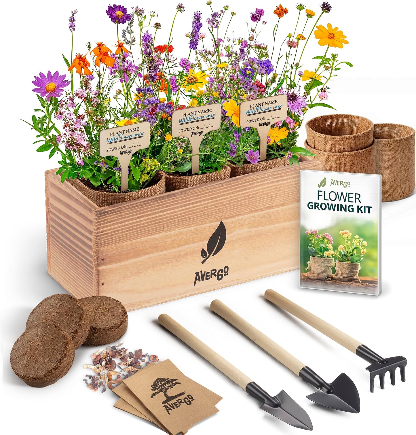 AVERGO Wildflower Seed Mix Growing Kit - Perennial Wild Flowers | Ideal Gift for Mother's Day - Also Includes Planters, Soil, Wooden Box, and Gardening Tools for Indoor Garden and Patio Planting