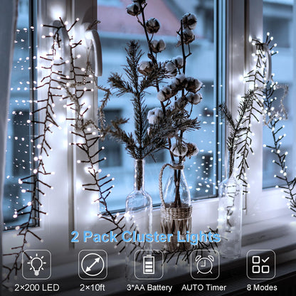 BSGlobal Battery Cluster String Lights 2 Pack Total 20Ft 400 LED String Lights with Timer 8 Modes Firecracker Christmas Lights Outdoor Waterproof for Tree Home Decor (Cool White)