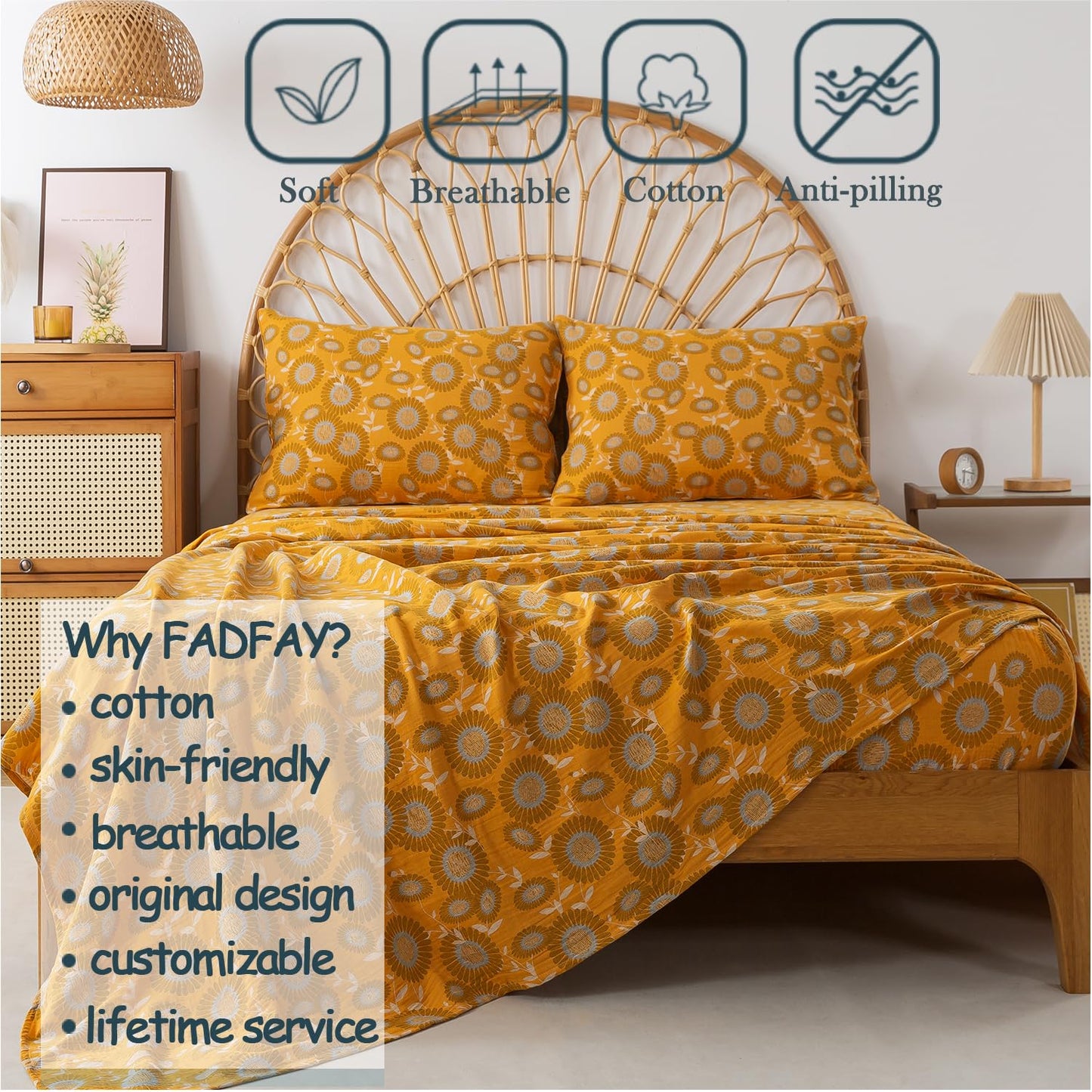 FADFAY Double Gauze 100% Cotton Queen Sheets Set Floral Bed Sheets Deep Pocket Fitted Sheet, Luxury Sunflower Pattern Shabby Vintage Countryside Style Bedding 4Pcs