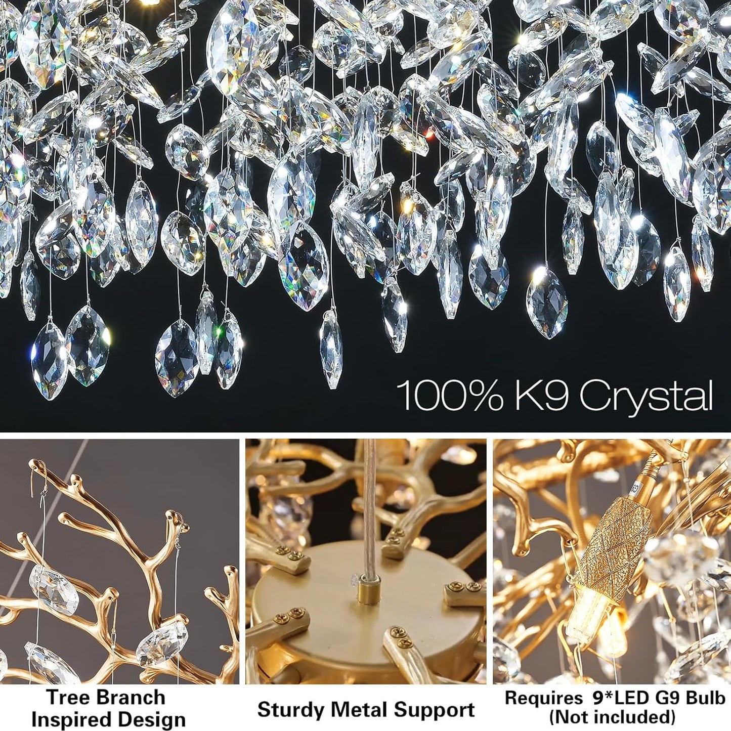 kvtinmty 24'' Modern Tree Branch Crystal Chandelier Luxury Gold K9 Crystal Chandelier 9-Light Crystals Pendant Chandeliers for Dining Room Living Room Bedroom Kitchen Entryway