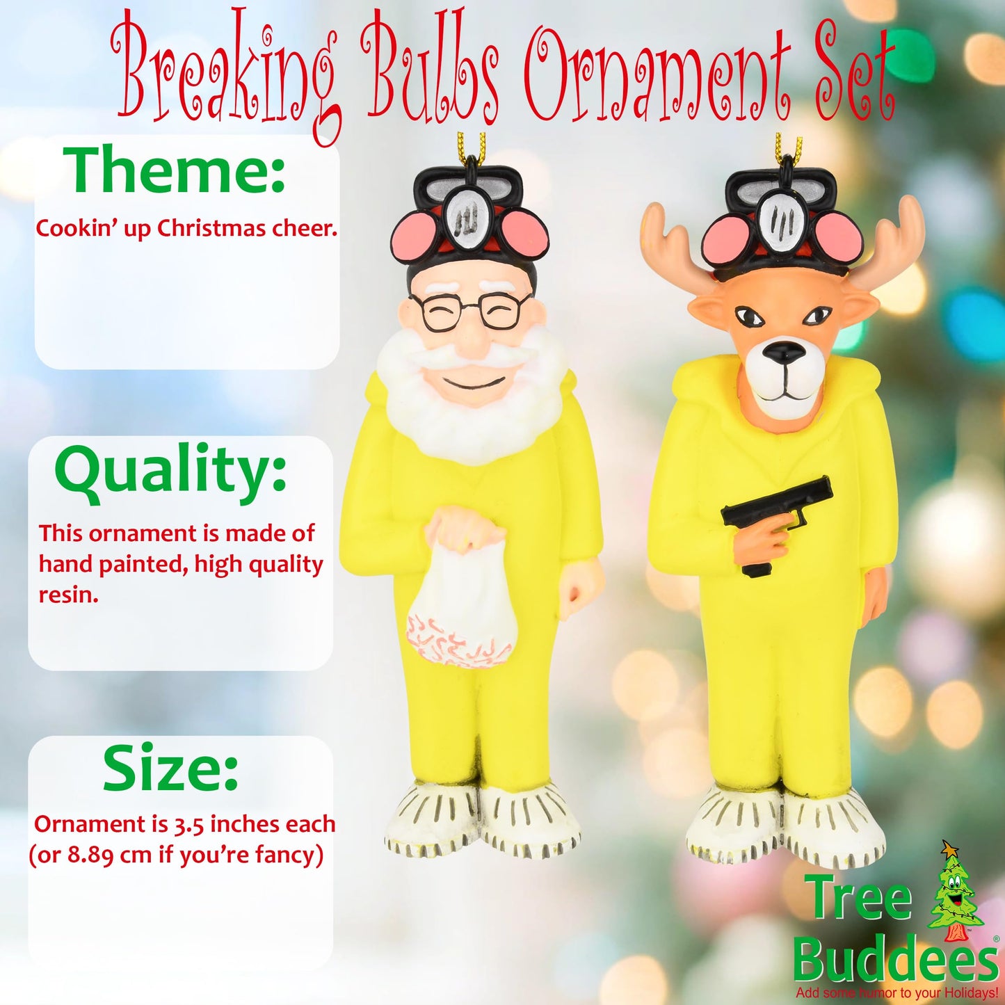 Tree Buddees Breaking Bulbs Christmas Ornaments 2-Pack Funny Parody Santa & a Reindeer in Hazmat Suits – Holiday Pop Culture Décor