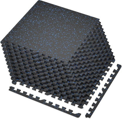 SUPERJARE 0.4'' Thick 12 Pcs 48 Sq Ft Rubber Top Exercise Equipment Mats, High Density EVA Foam Mats with Rubber Top, Interlocking Gym Flooring for Home Gym, Protective Workout Mat, Black/Blue