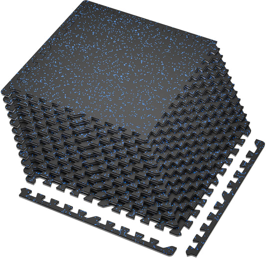 SUPERJARE 0.4'' Thick 12 Pcs 48 Sq Ft Rubber Top Exercise Equipment Mats, High Density EVA Foam Mats with Rubber Top, Interlocking Gym Flooring for Home Gym, Protective Workout Mat, Black/Blue