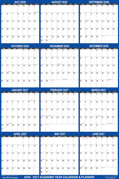 18x24 SwiftGlimpse 2026-2027 Academic Wall Calendar Dry Erase Erasable, Large, Wet & Dry Erase Laminated, Reversible, Yearly Planner JULY 2026 to JUNE 2027 ONLY