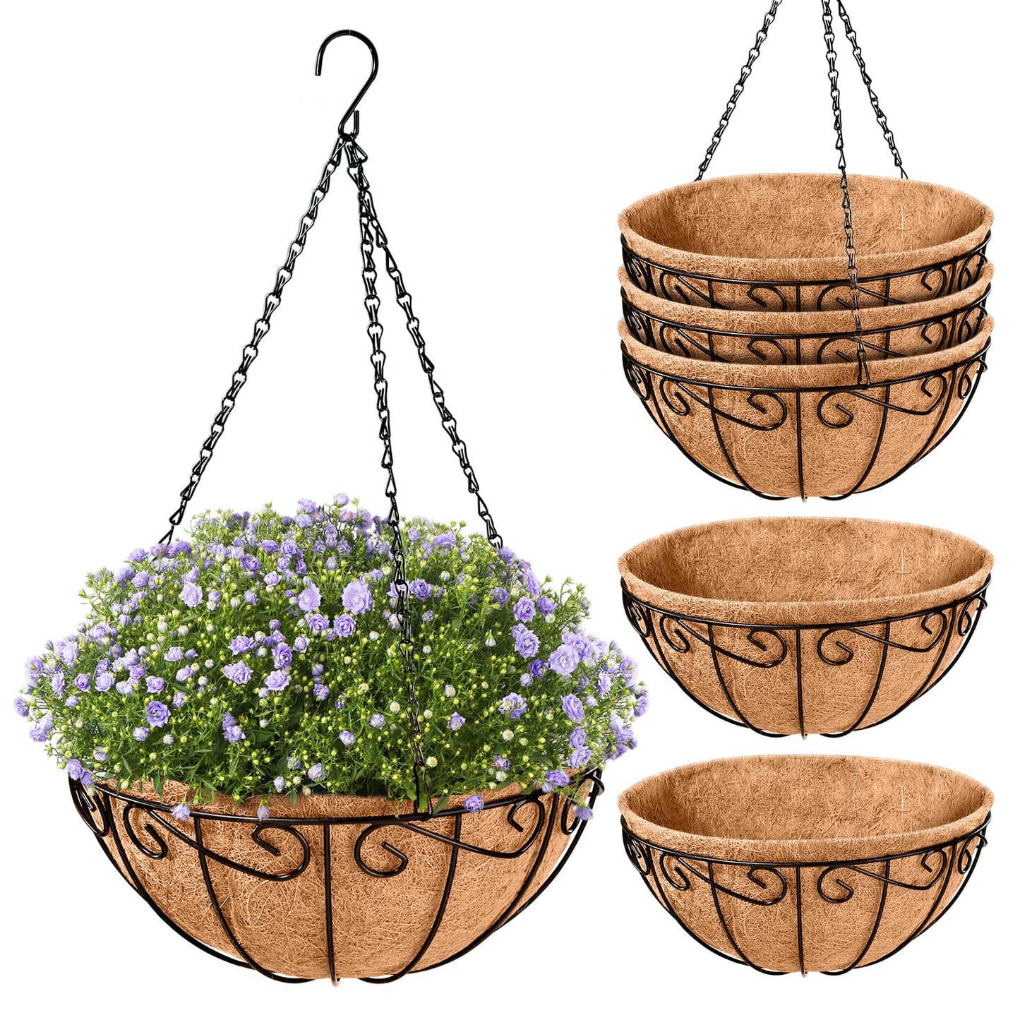 Legigo 6 Pack 10 Inch Metal Hanging Baskets for Plants Outdoor- Round Wire Hanging Planters Basket with Coconut Coir Liner, Hanging Flower Pot for Outdoor Plants Flowers Garden Decorations