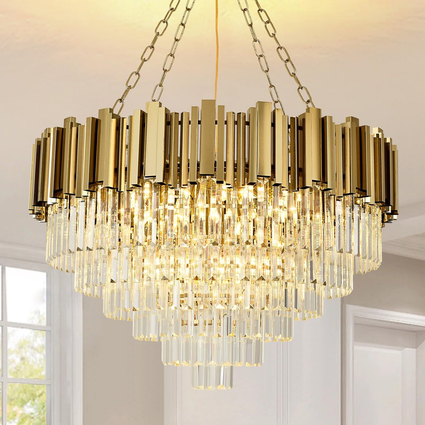 AOOCHOK Modern Crystal Chandelier Gold Pendant Light Fixtures, Round Crystal Pendant Lighting for Living Room, Dining Room, Bedroom, Restaurant, E12 x 12, Φ30inch