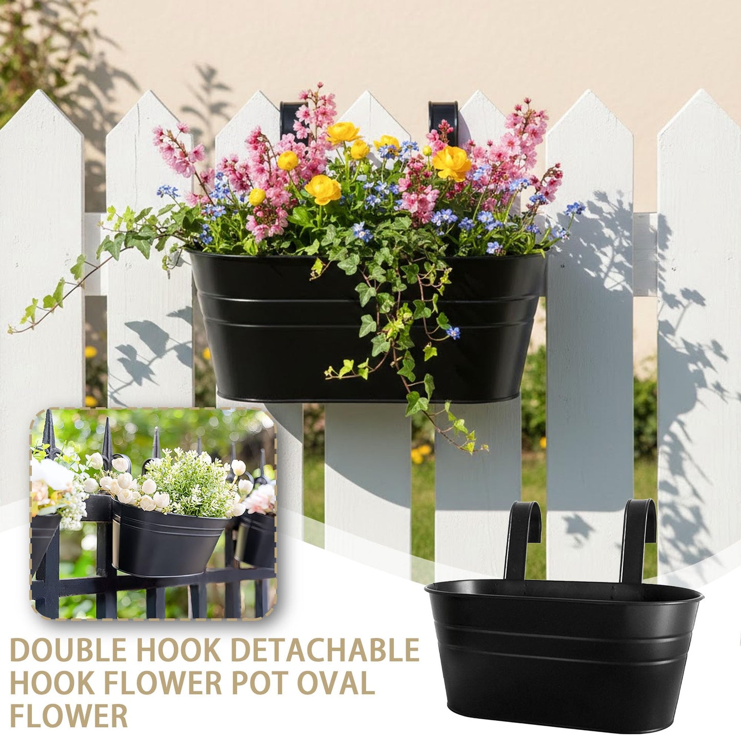 XXFBJNMD 5 Pack 10.6 Inch Metal Hanging Flower Pot Oval Metal Railing Planter Balcony with Detachable Hook Indoor Outdoor Decor for Railing Fence Balcony Garden （Black）
