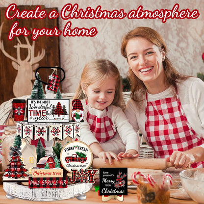 20 Pcs Christmas Tiered Tray Decor - Christmas Decorations Indoor Table Centerpieces Red and Black Buffalo Plaid Tray Decor with Snowflake, Xmas Tree, Gnome Wooden Signs for Home Shelf Decor