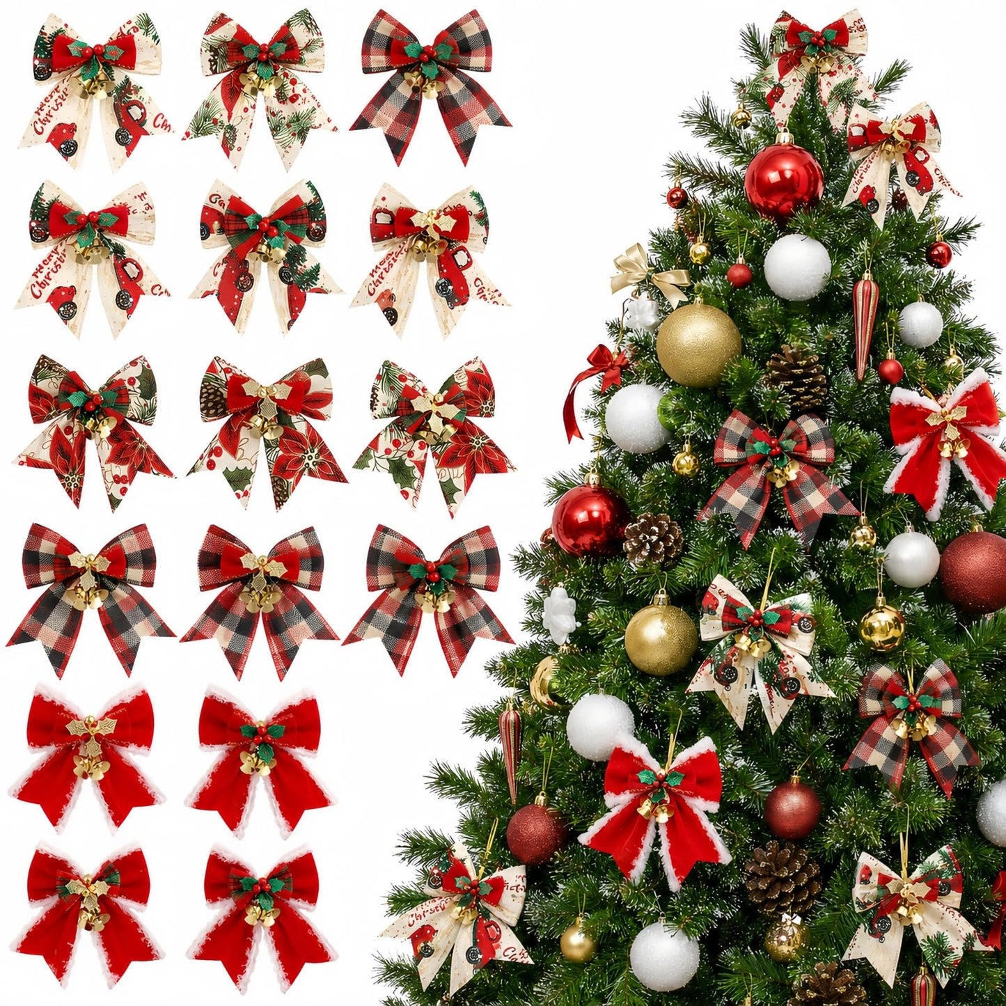 16PCS Mini Christmas Bows with Bells, 3.1"× 3.1" Gift Bows, 16 Styles, Ready-to-Hang Holiday Ornaments for Christmas Tree, Wreaths, Garlands, Doorway, Gift Wrap & DIY Decorations