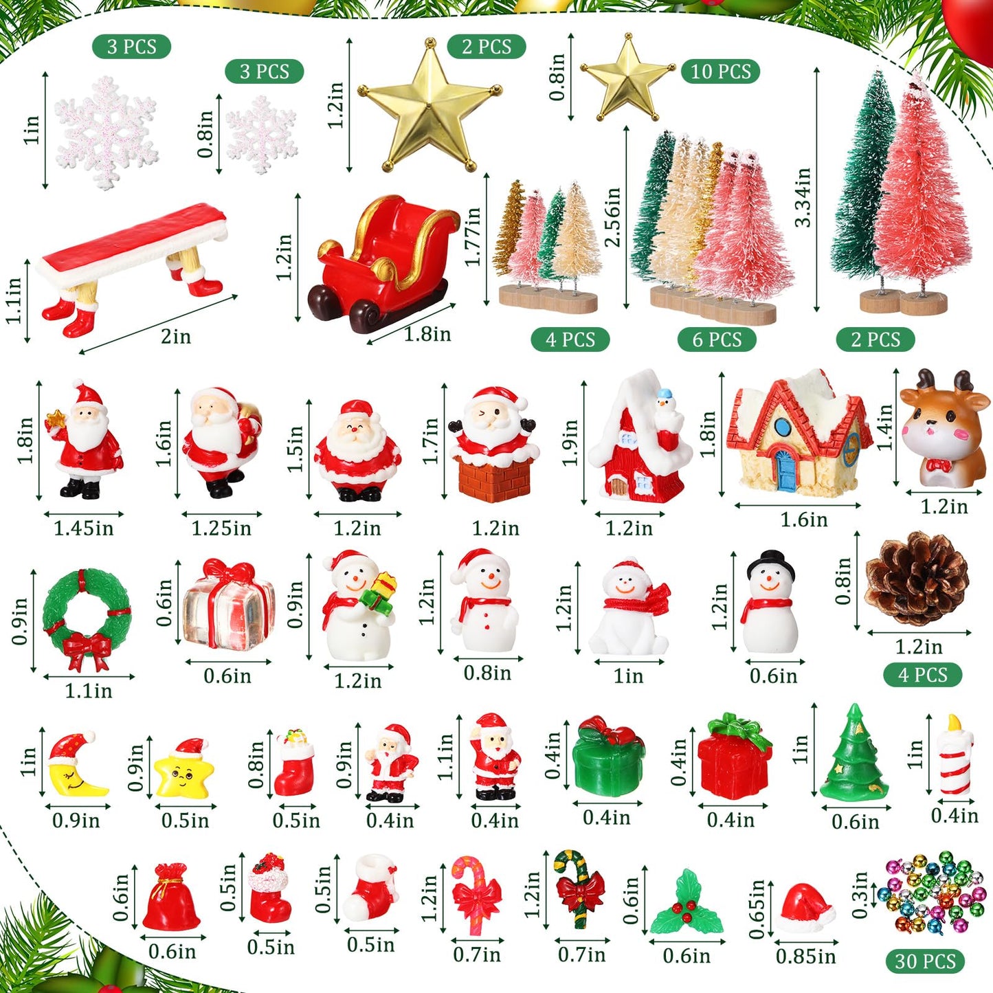 Roowest 96 Pcs Miniature Ornaments for Snow Globe Kit DIY Christmas Village Decoration Christmas Figurines Mini Ornaments with Snowman Reindeer Santa Claus Snowflake(Green)