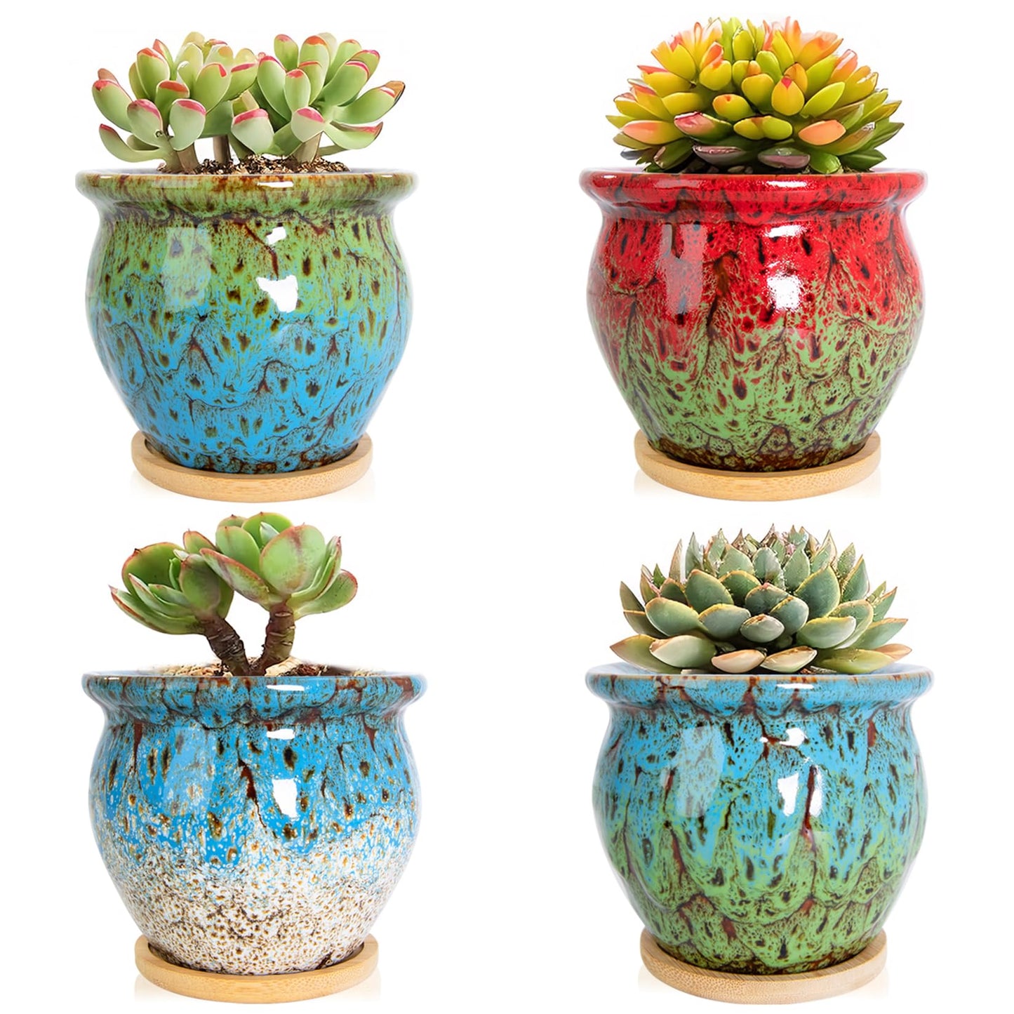 ARTKETTY Succulent Pots - 4 Pack Small Plant Pots with Drainage Tray, 4.5 Inch Ceramic Planters for Indoor Plants Colorful Cactus Flower Planter, Gifts for Women