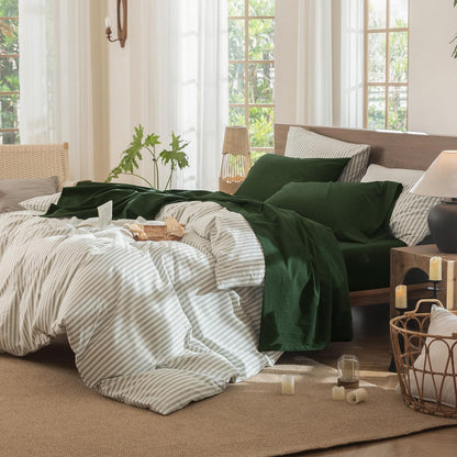 MooMee Fitted Bottom Sheet Only 100% Washed Cotton Linen Like Textured Breathable Durable Soft Comfy Deep Pocket Fits Mattress up to 17" (Forest Green, Queen)