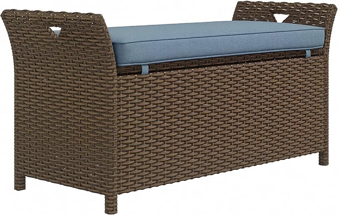 Outsunny 29 Gallon Patio Wicker Storage Bench, Outdoor PE Rattan Patio Furniture, 2-in-1 Large Capacity Rectangle Garden Storage Box with Handles and Cushion, Dark Blue