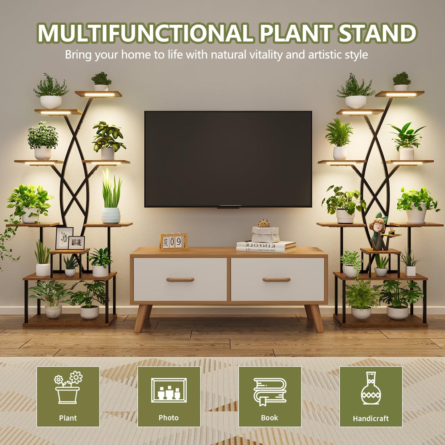 DongRong Plant Stand Indoor with Grow Lights - 9 Tiered 66" Tall Metal Plant Shelf, Curved Plant Stand with Adjustable Feets for Multiple Plants, Corner Flower Shelf for Living Room, Patio