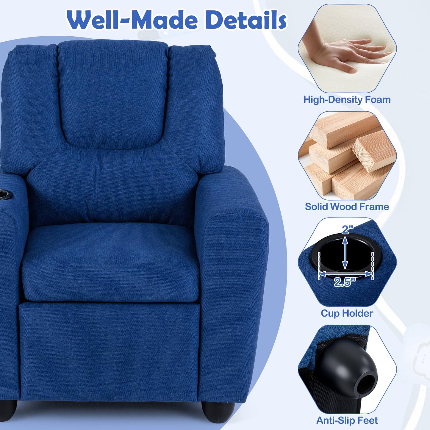 CHEFJOY Kids Recliner, Toddler Lounge Chair w/Cup Holder, Wide Armrest, Kids Sofa w/Adjustable Footrest, Comfy Toddler Recliner Chair for for Boys & Girls 3 + (Fabric, Blue)