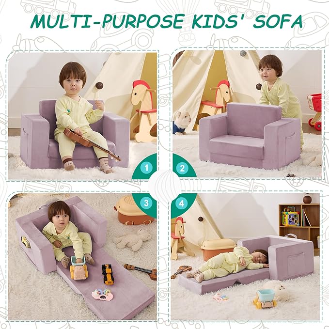Kids Couch, 2-in-1 Toddler Chair Comfy 1-3 Years, Convertible Kids Chair