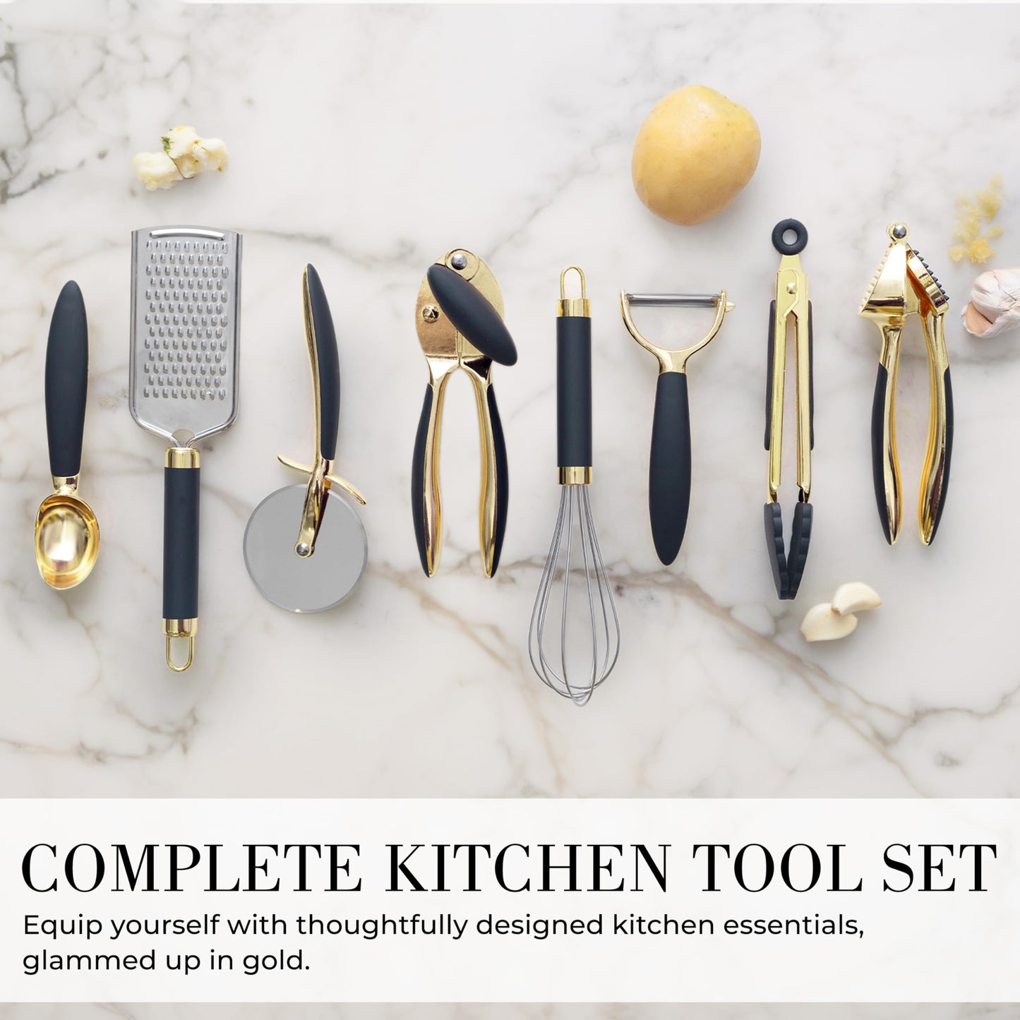 White & Gold Cooking Utensils Set - Luxe 8-Piece Kitchen Gadget Set Includes Can Opener, Tongs and Garlic Press - Stylish White and Gold Kitchen Accessories for Modern Kitchens, Ideal for Gifting