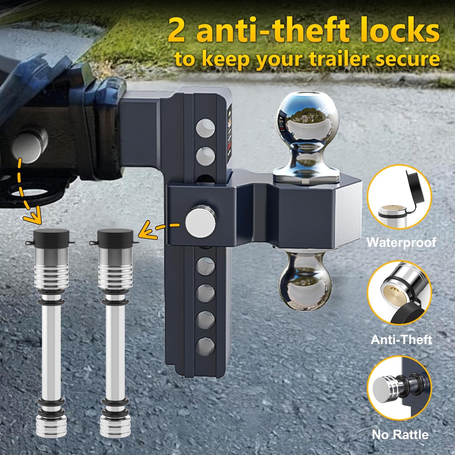 Vullteeon Adjustable Trailer Hitch, Drop Hitch for 2.5 Inch Receiver, 8 inch Aluminum Truck Hitch, 2 and 2-5/16 inch Balls, 18,500 LBLBS GTW, Two Anti-Theft Pins Locks