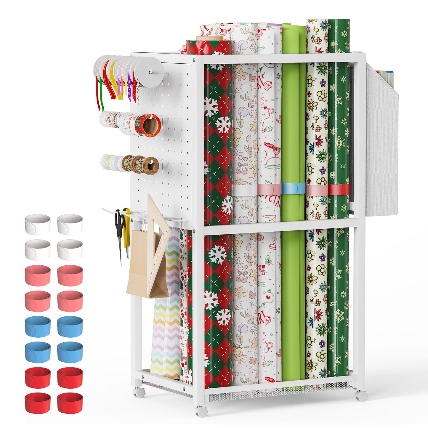 Wrapping Paper Organizer with Wheels, Metal Gift Wrap Storage Cart, Vertical Craft Organizer with 16 Slap Bands for Wrapping Paper Rolls, Wrapping Supplies Storage