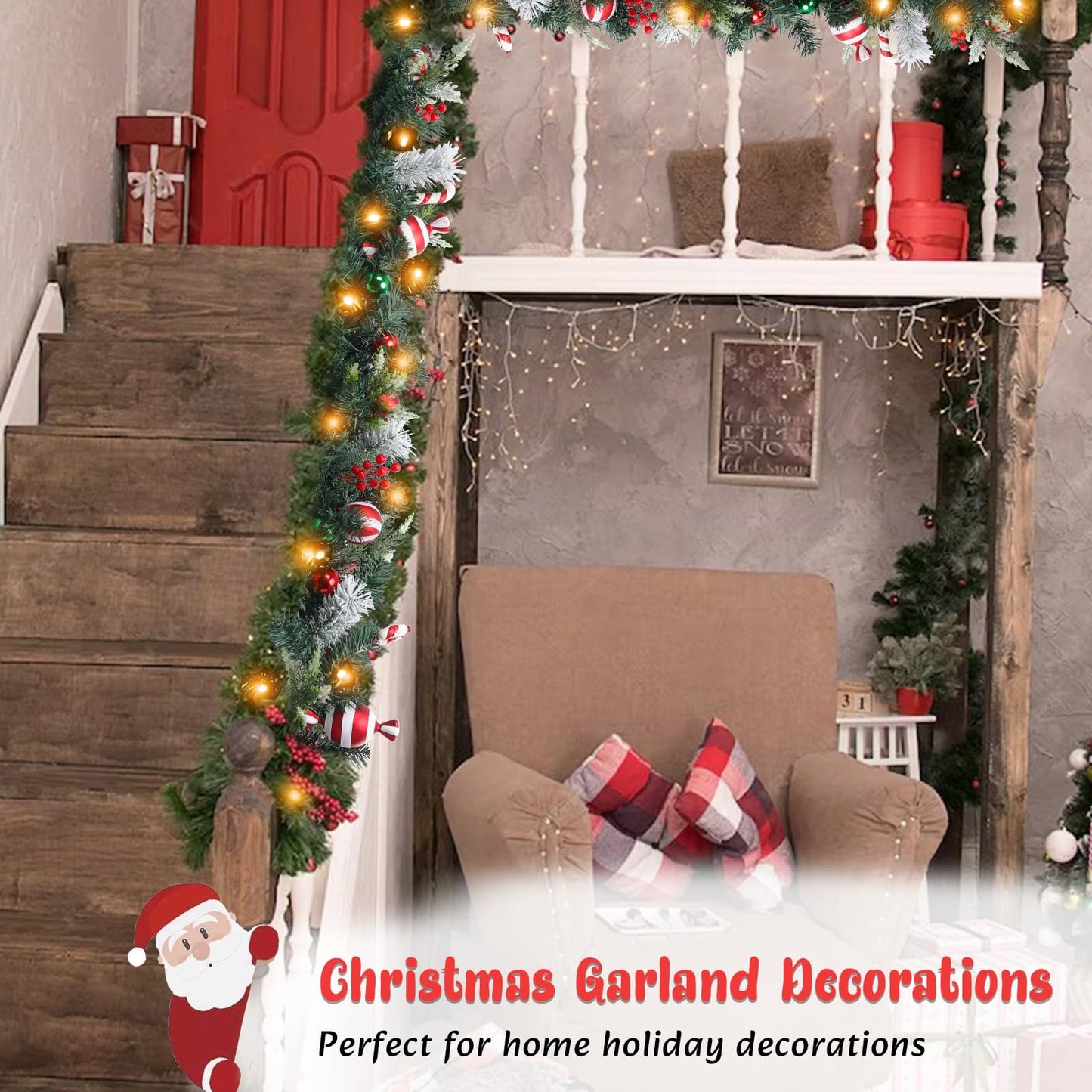 6 FT Christmas Garland with Lights, Prelit Wintry Pine Flocked Garlands with Candy Cane and Ball Ornaments, Battery Operated Artificial Christmas Garlands for Front Door Fireplace Mantle Decor
