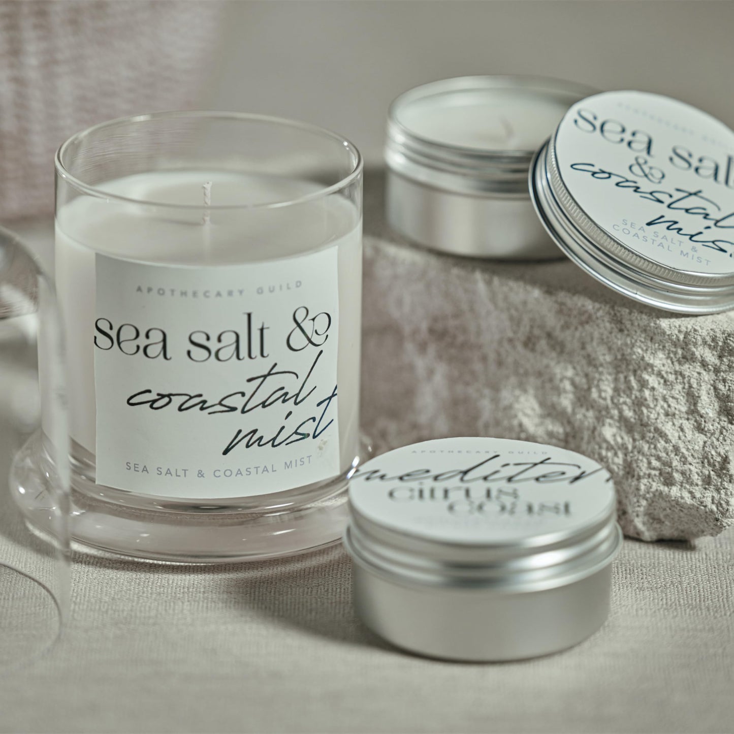 Zodax Apothecary Guild Scented Jar Candle with Glass Cloche, 10.19 oz- Sea Salt & Coastal Mist