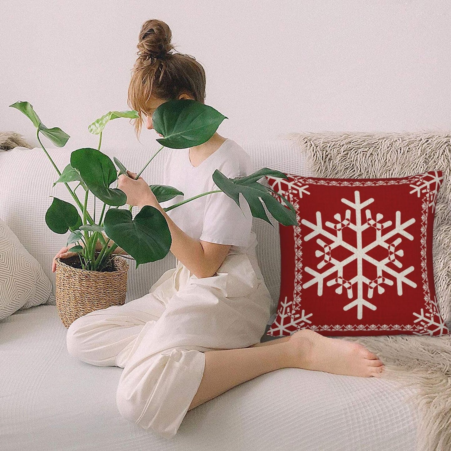 NIDITW Set of 2 Sister Birthday Gift Joy Peace Noel Beautiful Snowflakes Body Red Cotton Burlap Linen Throw Pillow Case Cushion Cover Sofa Outdoor Decorative Square 18X18 Inches