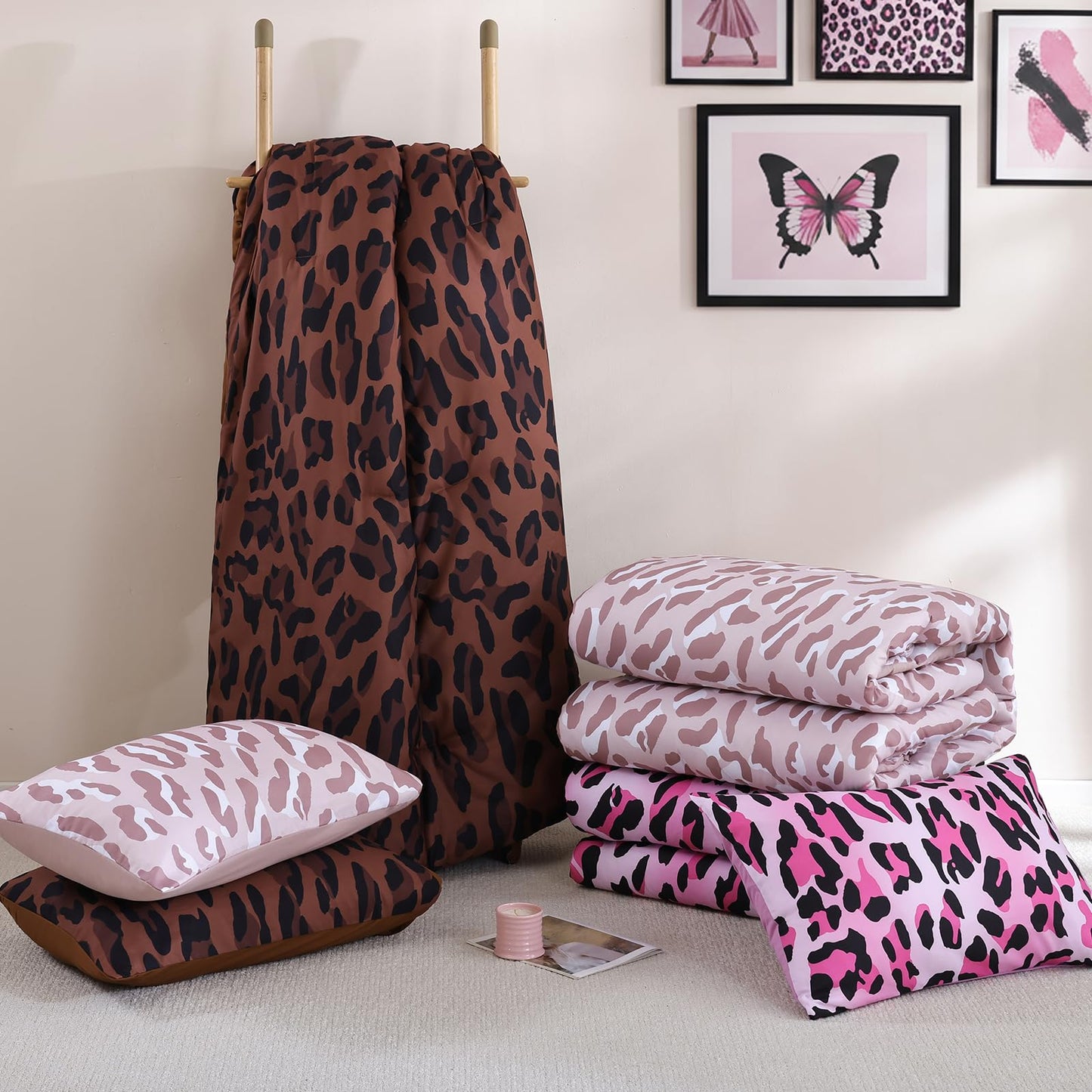 JANZAA Leopard Print Comforter Set King Size - 3 Pieces Animal Cheetah Printed Comforter Set, Cozy Soft Fluffy Pink/Floral Print Bedding Set with 2 Pillowcases for All Season