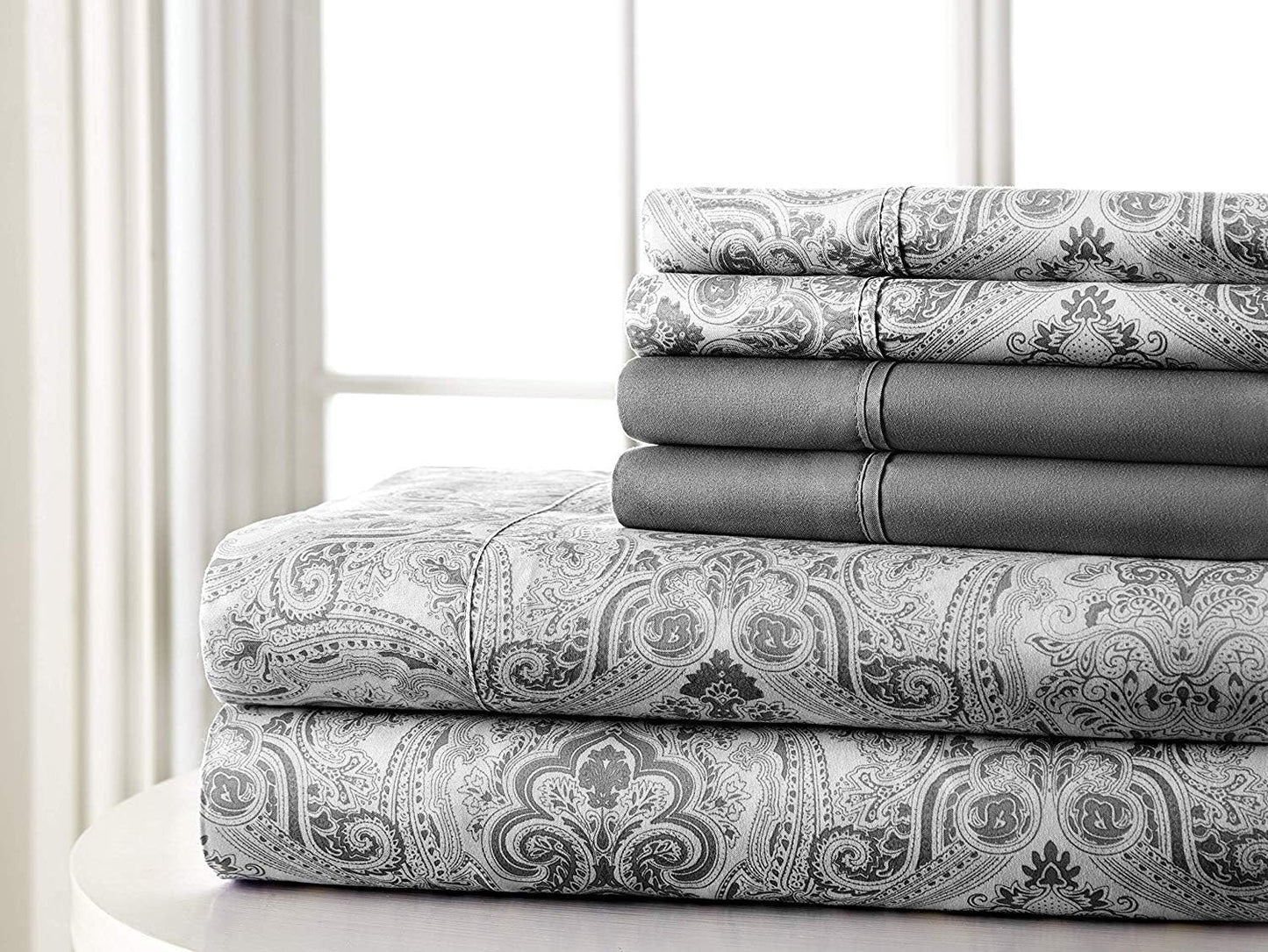 Spirit Linen home 6-Piece Twin Size Bed Sheet Set - Deep Pocket, Paisley Pattern, Soft and Breathable Bed Sheets, Microfiber Material, Includes 1 Fitted, 1 Flat, 4 Pillowcases - Dark Grey Paisley
