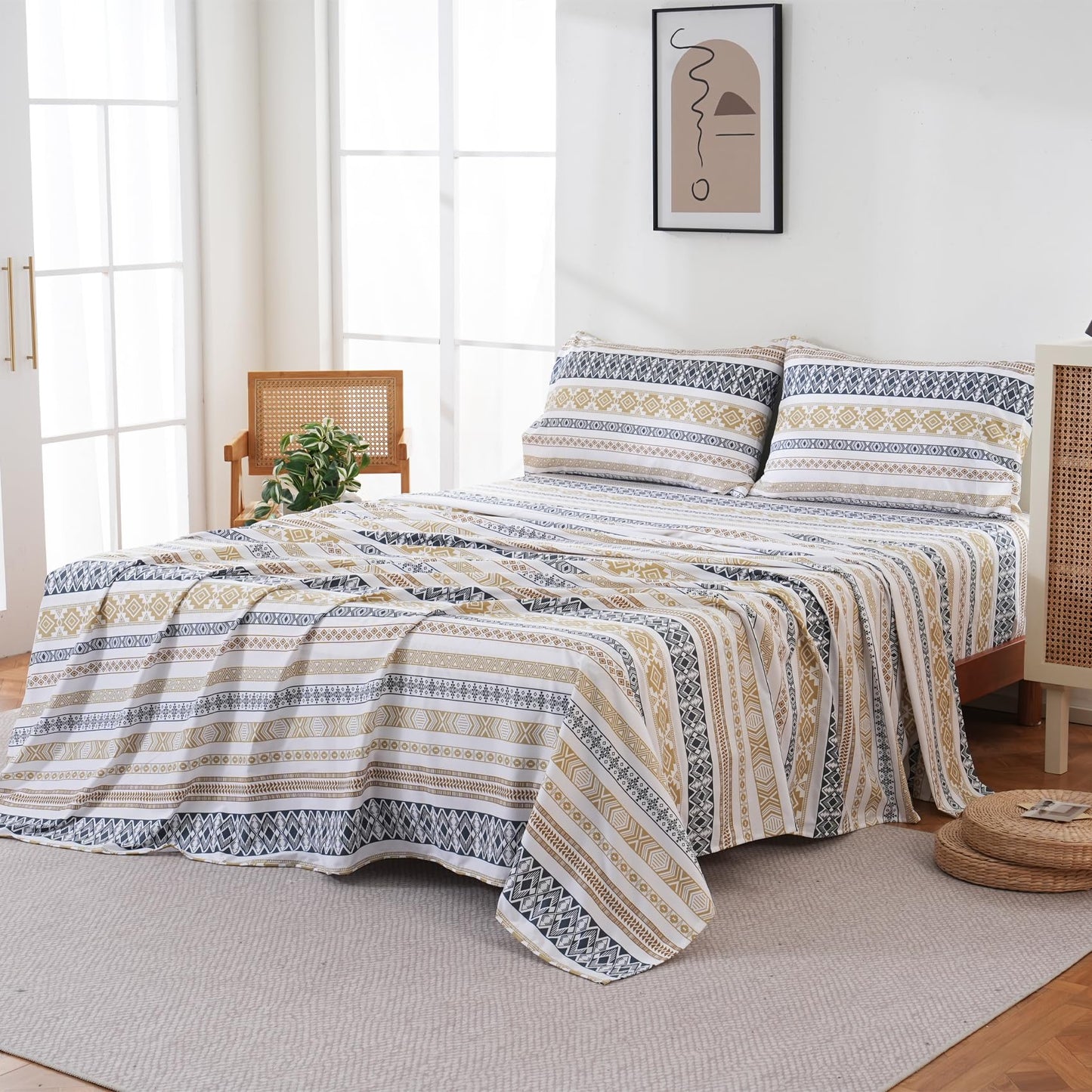 Yibeizi Striped Printed Sheet Set Queen, Boho Pattern Bed Sheets Farmhouse Bedding Sheets & Pillowcases Soft Microfiber 15" Extra Deep Pocket Fitted Bedsheet 4 Piece