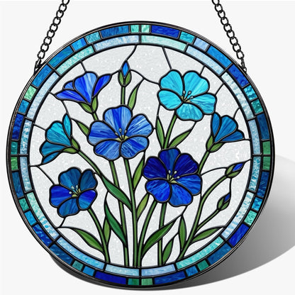 Stained Glass Window Hanging, 7.8 Inch Blue Flower Suncatcher, Blue Botanical Window Decor, Stained Glass Ornaments for Windows, Doors & Home Decor, Mother's Day Birthday Gift for Mom, Garden Lovers