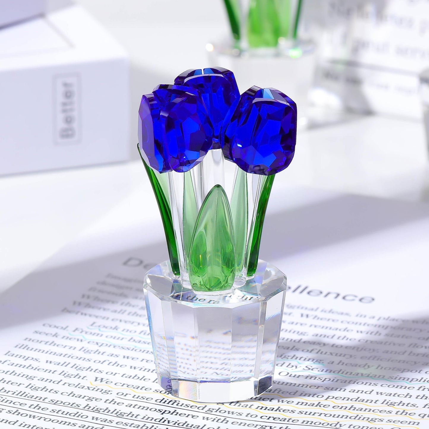 Qianwei Crystal Tulips Flowers Figurine Blue with Vase - Glass Flower Bouquet Collectible Figurines Crystal Office Home Decor Paperweight - Tulip Gifts for Women Mom Bestfriend Wedding Anniversary