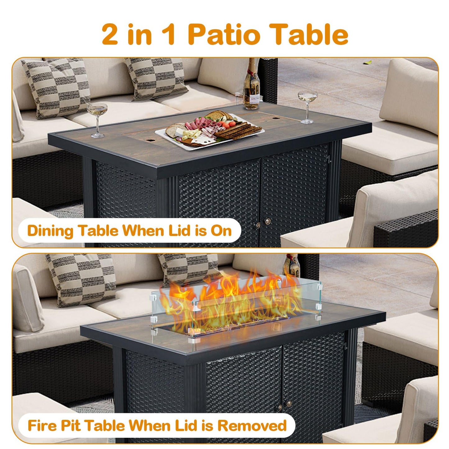 GarveeLife 44 in Propane Fire Pit Table,50000 BTU Fire Table with Ignition System,Outdoor Fire Table with Glass Rocks for Patio Garden Backyard,Rain Cover and Wind Guard Glass Included