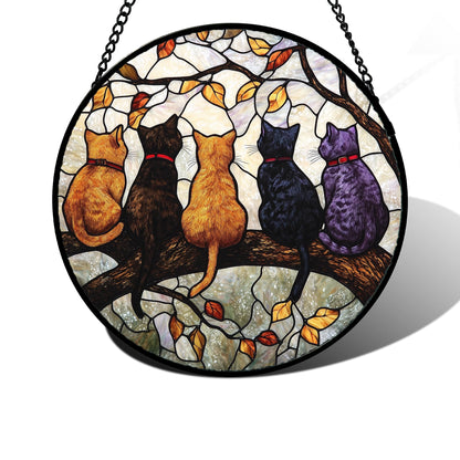 DASTOLL Stained Glass Window Hanging - 5 Cats on a Branch Suncatcher for Window Doors Home Decoration and Christmas, Mother's Day Father's Day Birthday Gifts for Women, Men, and Mom 7.8x7.8 in