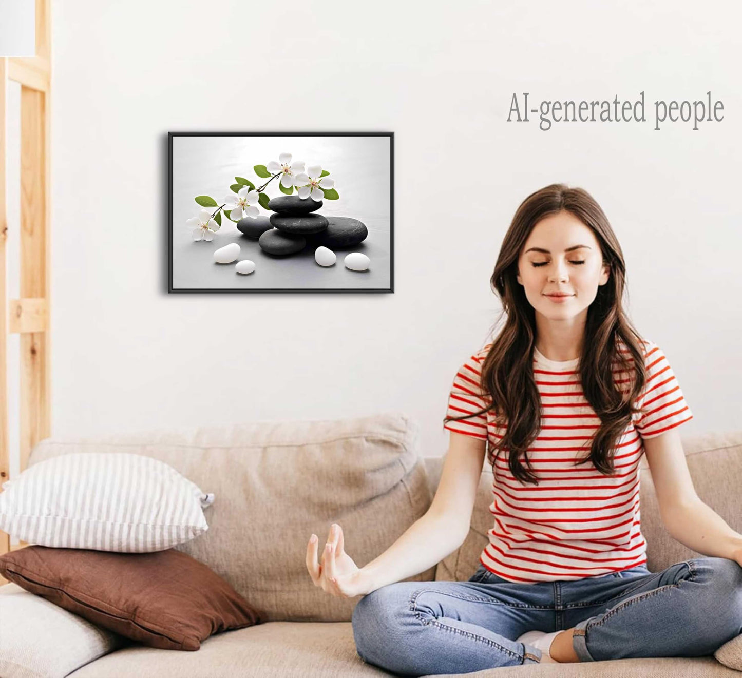 Framed Zen Stone Flower Canvas Wall Art Orchid Flower Black White Zen Stone Picture Wall Decor Still Life Poster Print Artwork for Bathroom Yoga Room Spa Room Meditation Room Office Home Decoration