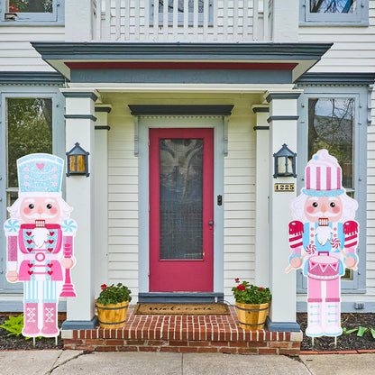 2 Pcs Large Christmas Nutcracker Yard Signs Nutcracker with Stakes Pink Nutcracker Yard Decorations Xmas Soldier Lawn Decorations Outdoor Garden Sign Porch Decor for Winter Holiday Party