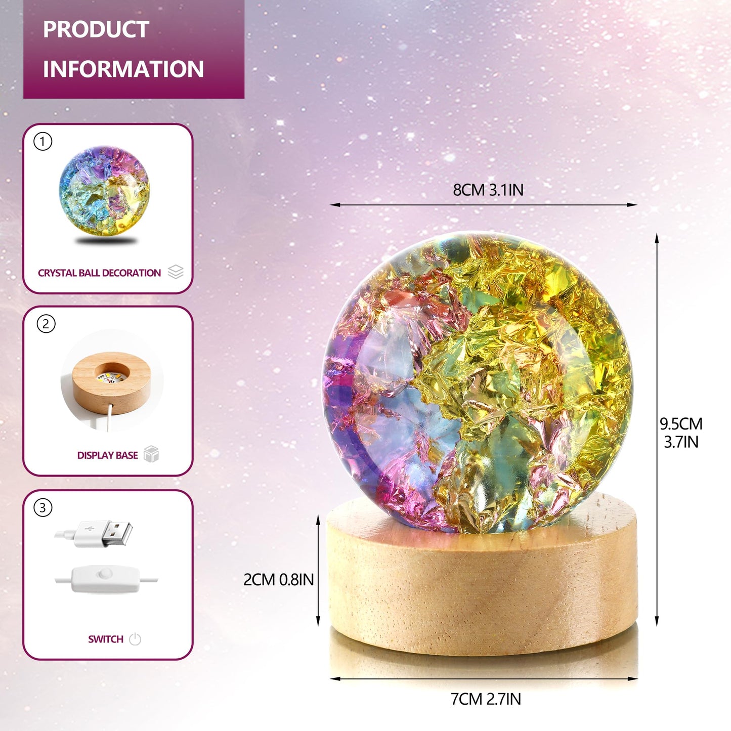 LOULIQIGIFT 80mm Colorful Cracked Crystal Ball Night Light Glass Ball Gifts