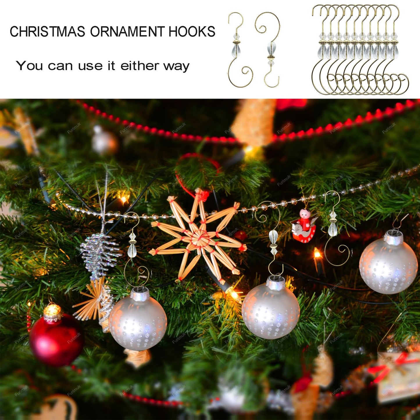 Furimuk 30 Pcs Ornament Hooks Hangers Christmas Decorative Hanging Stainless Wire with Acrylic Crystal Jewel Beaded, Swirl S-Shaped Hangers Hook for Christmas Tree Decorations
