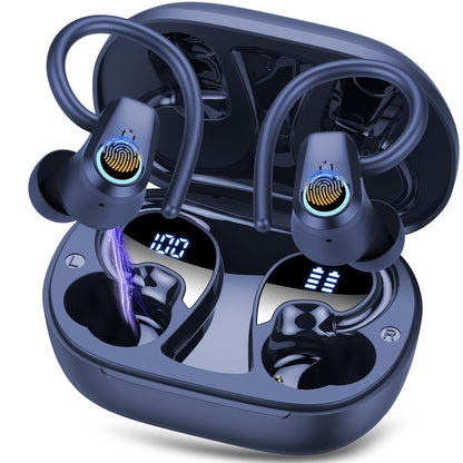 Wireless Earbuds, Bluetooth 5.3 Headphones with 4 ENC Noise Canceling Mic, 50H Stereo Dual LED Display Ear Buds, Sport Wireless Earphones with Earhooks, IP7 Waterproof Wireless Headphones Gym, Blue