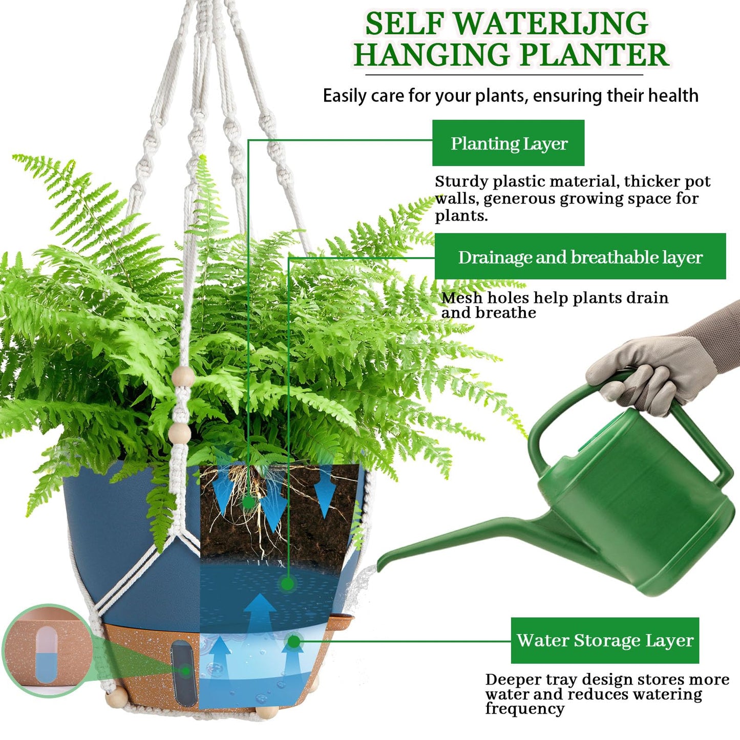 Fielda Hanging Planter Self Watering 10 Inch, 2 Pack Hanging Baskets for Plants, Hanging Flower Pots with Drainage Hole & 2 Kinds of Plant Hangers for Garden Home Decor (Navy Blue, 10 Inch)