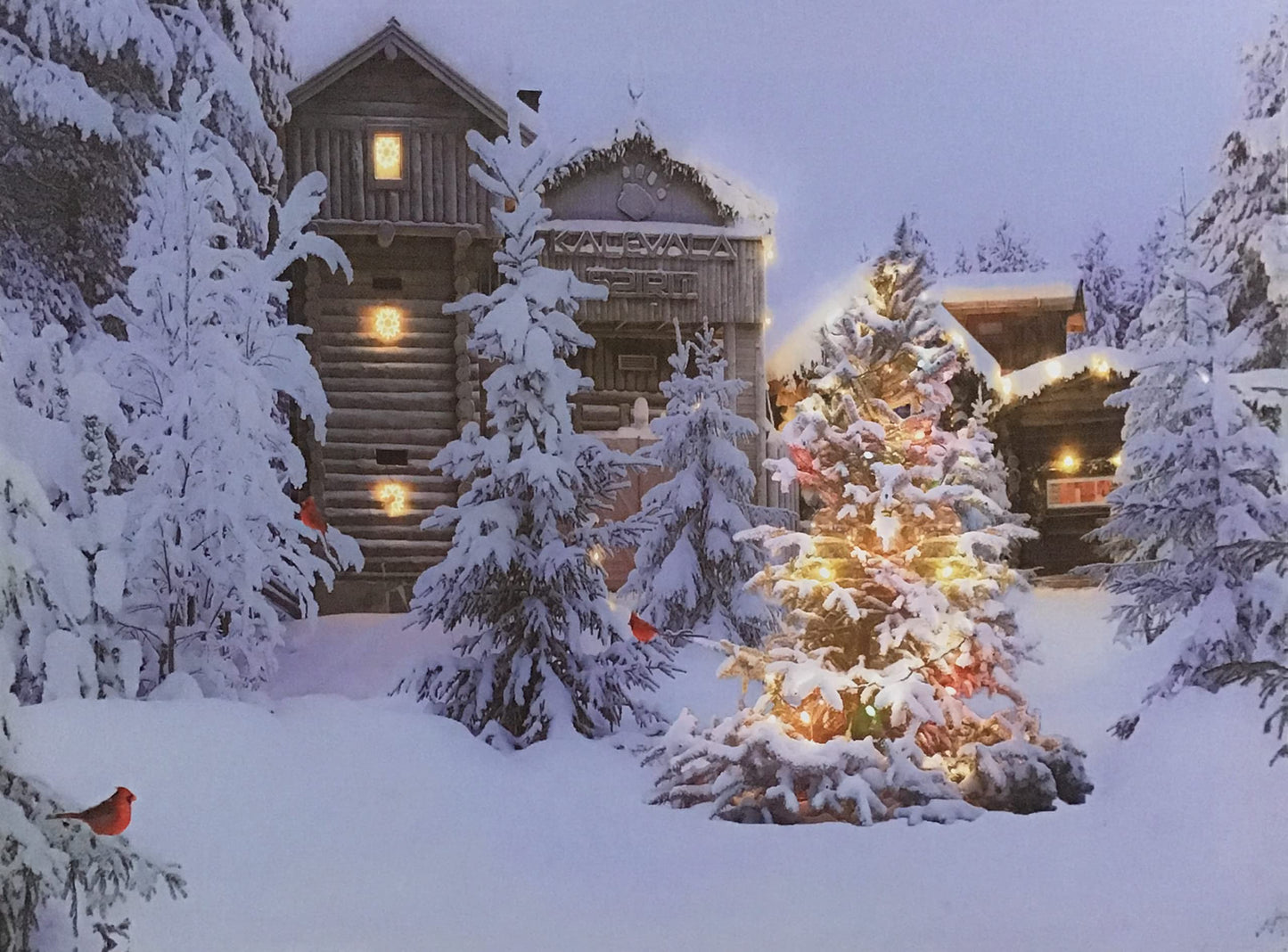 BANBERRY DESIGNS Lighted Wall Art - Cabin in the Woods Christmas Canvas Prints - Canvas Holiday Print with Cardinals Snow and Trees - LED - Measures 12" X 16"