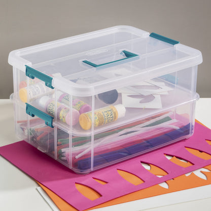Sterilite 1427CLR Stack & Carry - 2 Layer Box, Clear Lid & Blue Handle, See-through layers