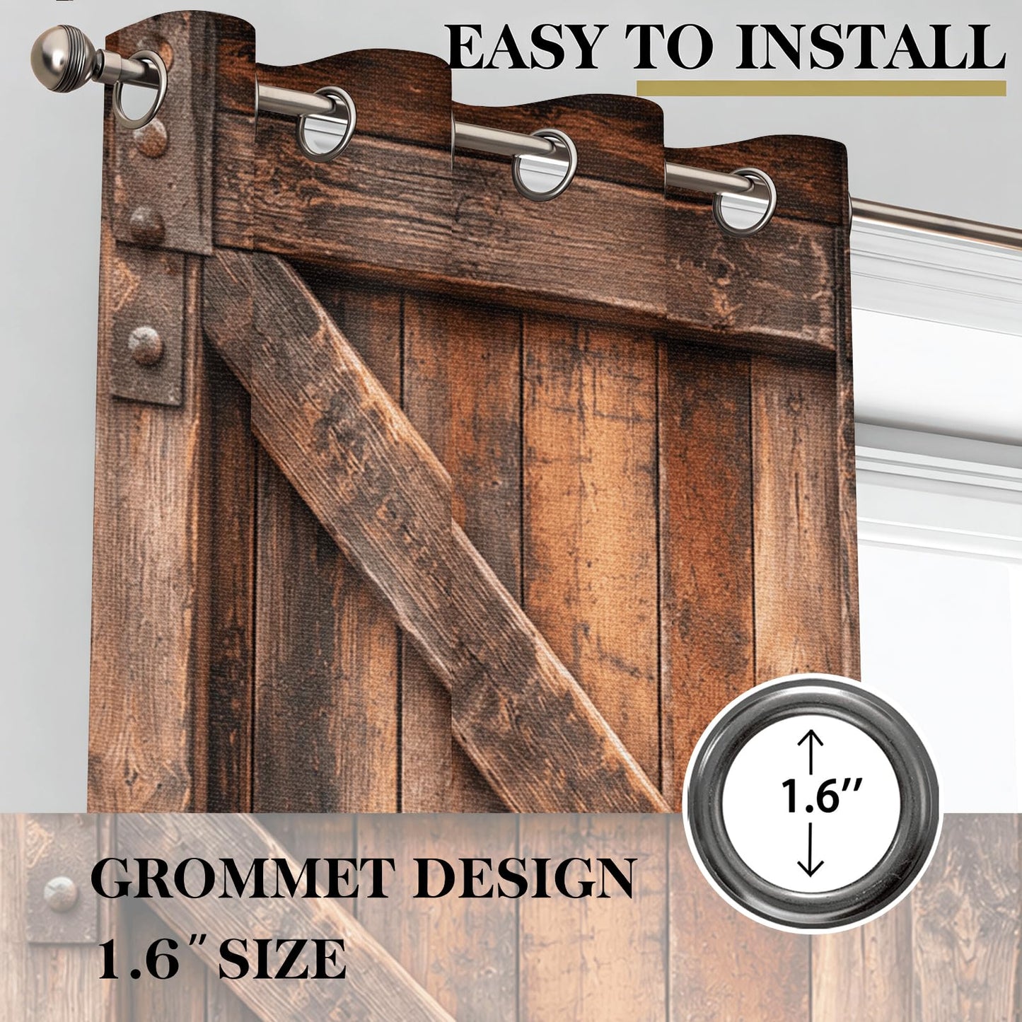Warm Brown Rustic Barn Door Blackout Curtains, Vintage Wooden Texture Grommet Top Window Drapes, Thermal Insulated Room Darkening Curtains for Bedroom Farmhouse Cabin, 2 Panels Set, 42"W x 45"L