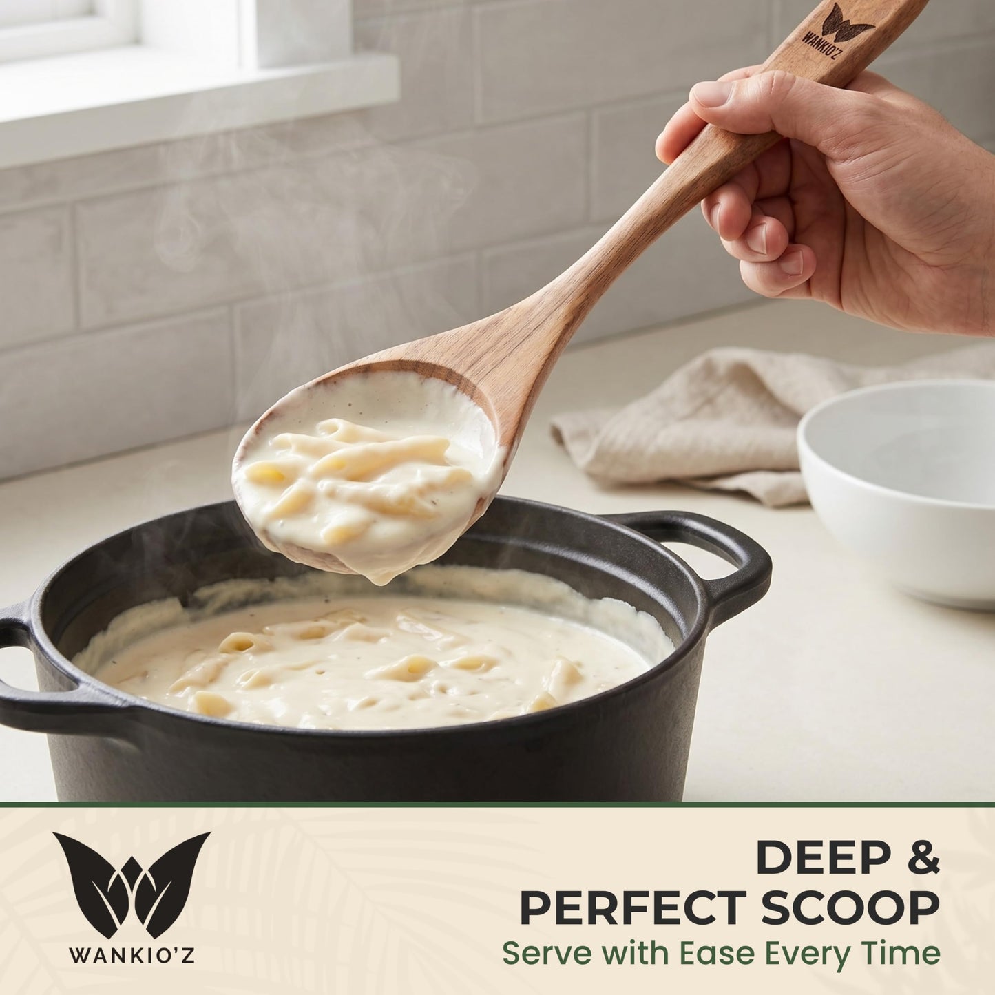 WANKIO'Z Acacia Wood Cooking Spoon – 12" Handcrafted Wooden Serving Spoon | Deep Bowl Design | Safe for Nonstick Cookware | Ergonomic Handle | Natural Kitchen Utensil