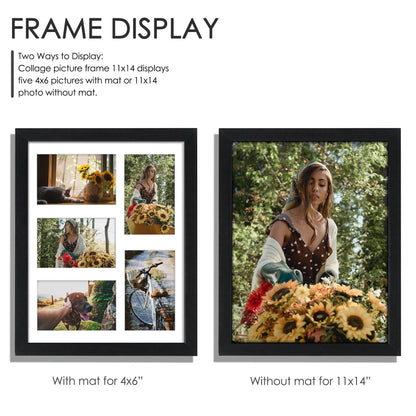 DUENPY 11x14 Collage Picture Frame, 4x6 Collage Picture Frame, Displays Five 4x6 inch Photos, or 11x14 (Without Mat) Wall Decor Wall Hanging or Tabletop, Black.