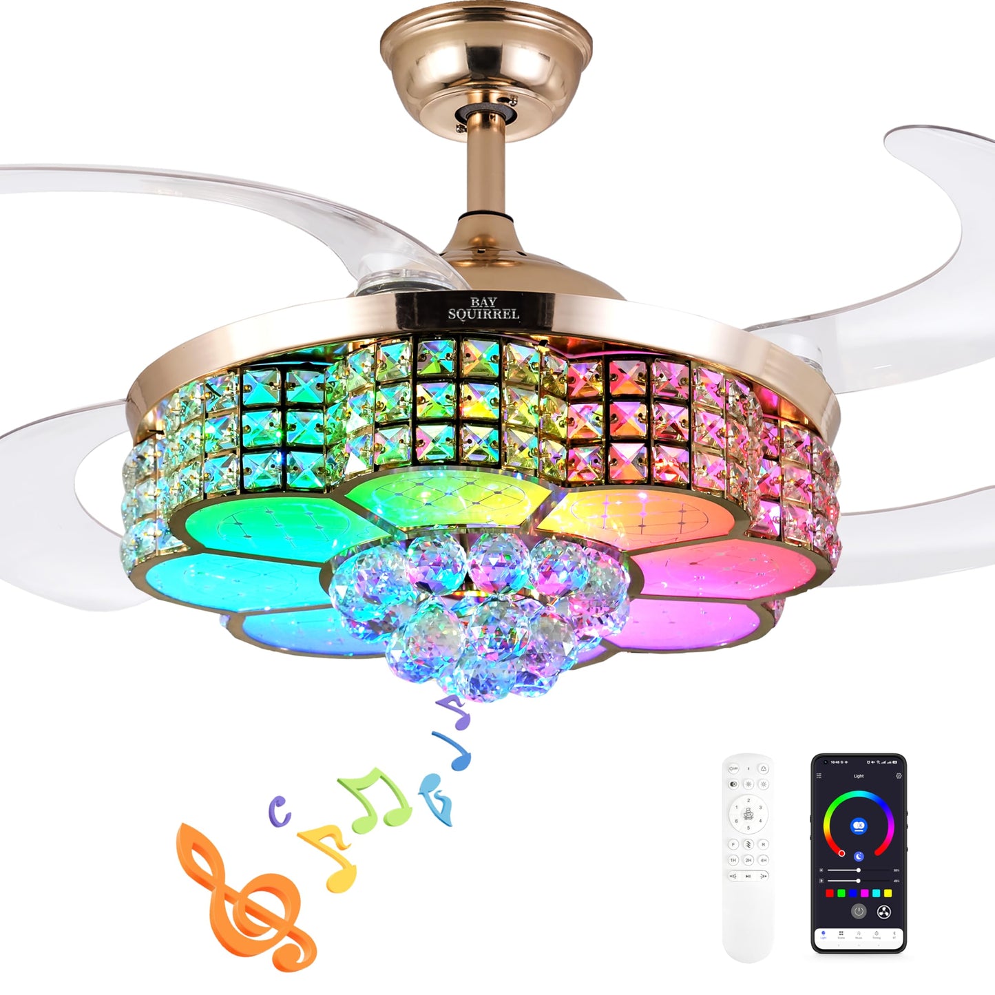 BAYSQUIRREL Retractable Crystal Ceiling Fan with Light, Bluetooth Ceiling Fan with Speaker, RGB-LED Light 6 Speed Reversible Low Profile Modern Invisible Ceiling Fan,Remote and APP Control