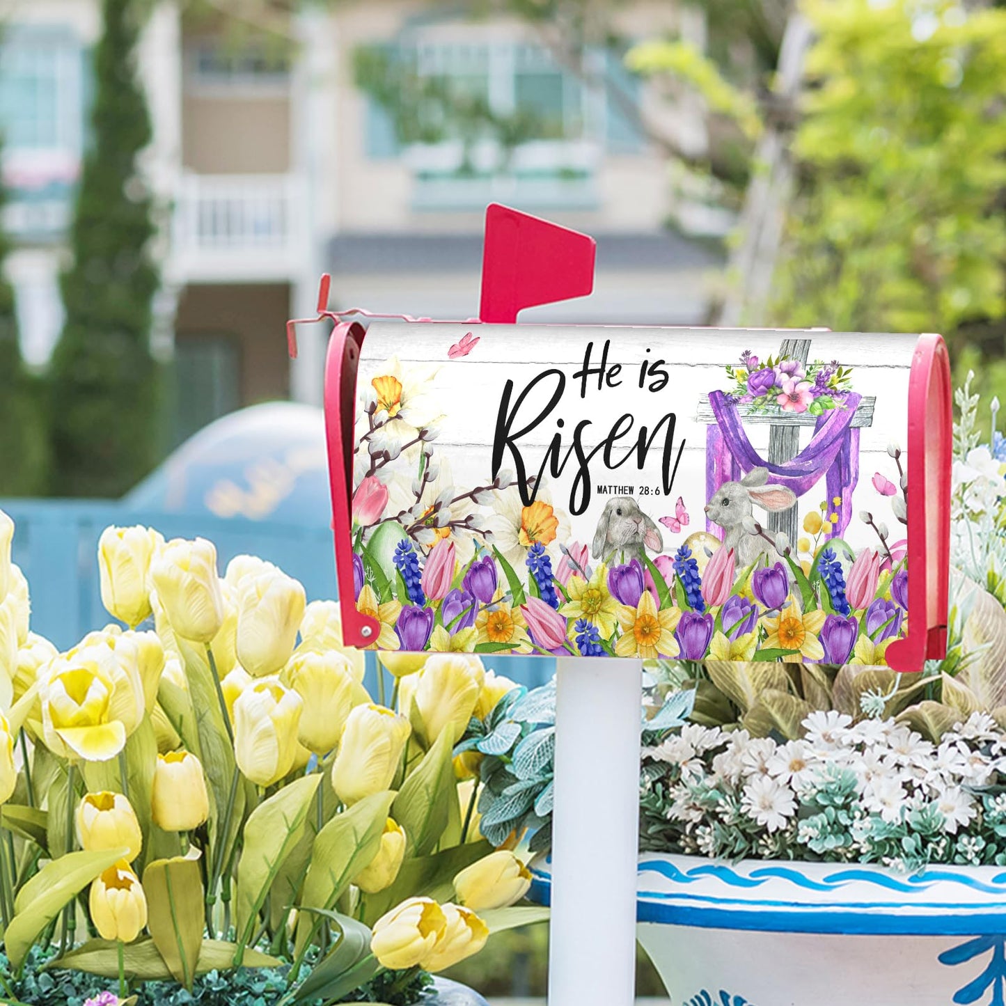 He is Risen Easter Cross Christian Mailbox Cover Magnetic Large Size 25x21in Religious Spring Lily Flower Decorative Mailbox Wrap Decals Easter Bunnies Rabbit Post Letter Box Cover for Garden Yard