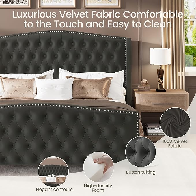 LARMACE King Size Bed Frame Velvet Upholstered Platform Bed