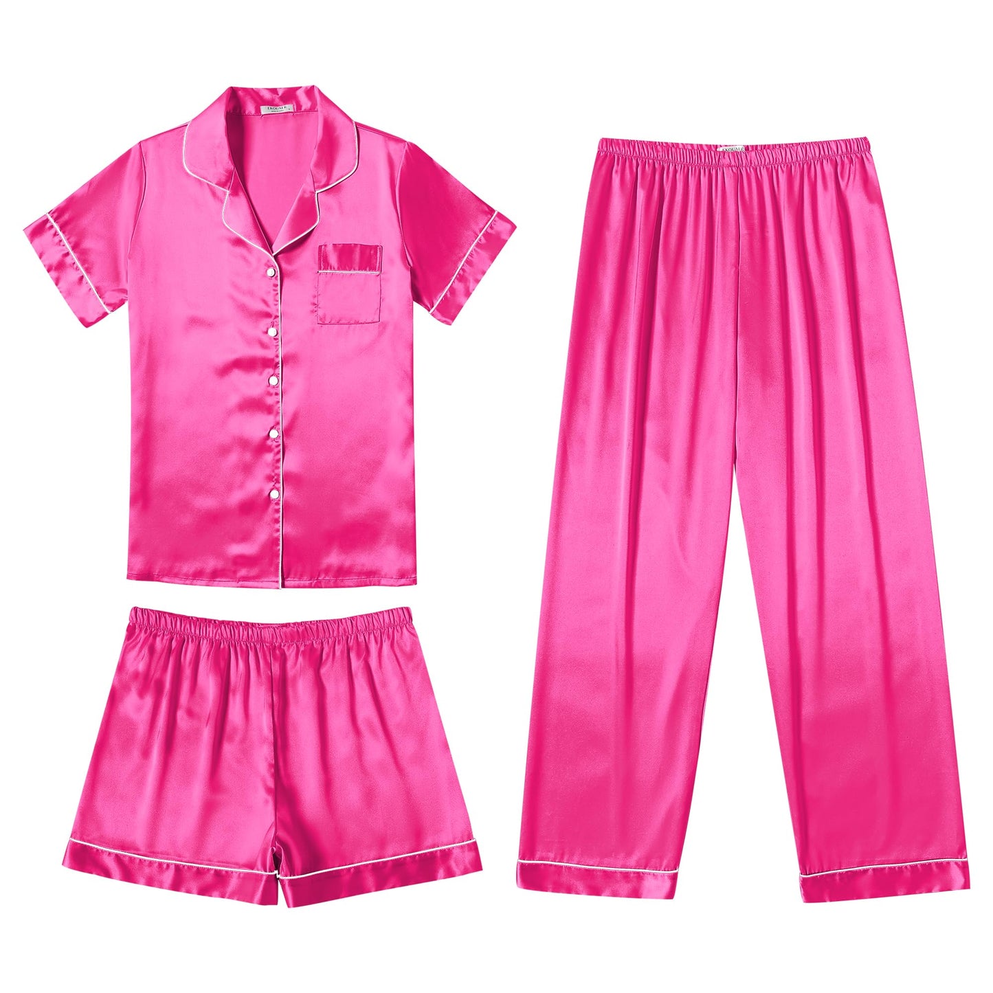 Ekouaer Silk Pajamas for Women Set Satin Pjs Soft Short Sleeve Button Down Sleepwear 3 Piece Loungewear S-XXL