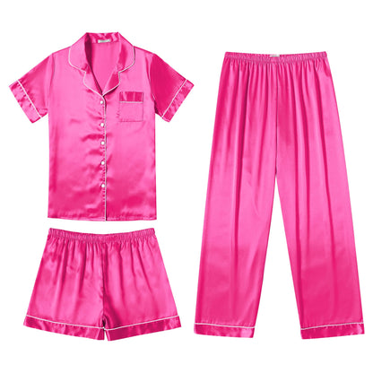 Ekouaer Silk Pajamas for Women Set Satin Pjs Soft Short Sleeve Button Down Sleepwear 3 Piece Loungewear S-XXL