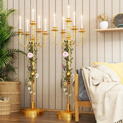Floor Candelabra 50 Inch Gold Candlestick Holder 5 Arms Candle Holders Antique Flower Stand Centerpiece Decorative Candle Holder for Events, Party, Ceremony, Wedding Aisle, Home 2 Pcs (Beaded Styling)